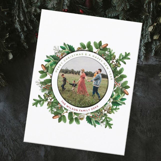 Postal Festiva Navidades de fotografía de la familia Acorn Wreath (Subido por el creador)