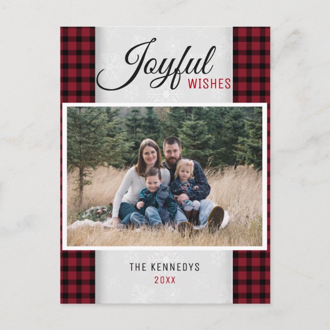 Postal Festiva Navidades de fotografía de la familia Red Plaid (Anverso)