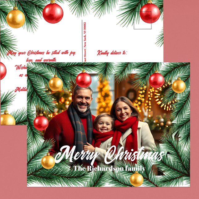 Postal Festiva Navidades de fotografía de ramas de pino y bolas f (Subido por el creador)