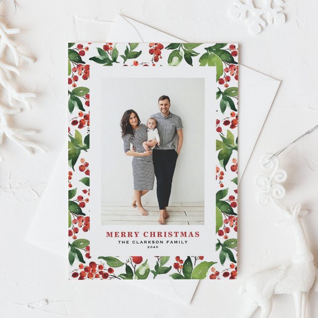 Postal Festiva Navidades de fotografía de vegetación festiva y Wi (Watercolor Festive Winter Berries and Greenery Photo Merry Christmas Holiday Postcard)