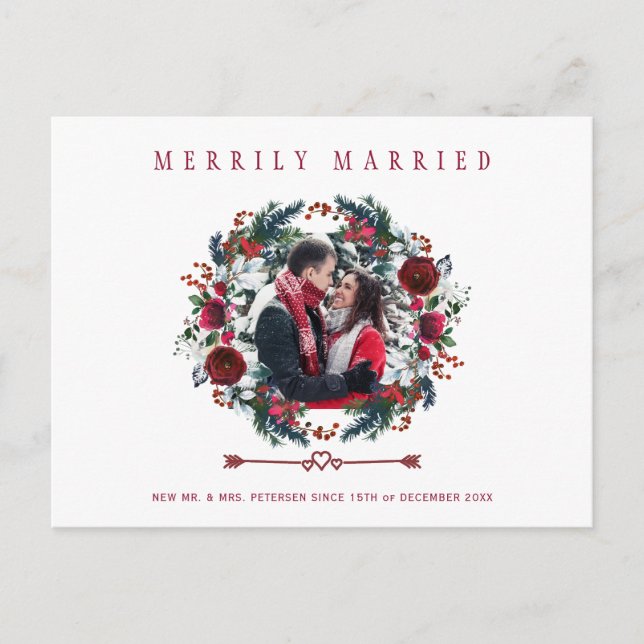 Postal Festiva Navidades de fotografía recién casados con Floral  (Anverso)