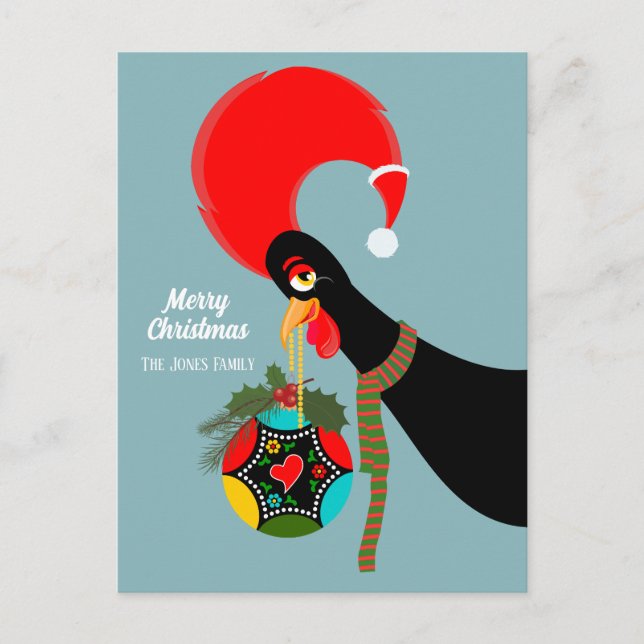 Postal Festiva Navidades de gallos portugueses holly bauble (Anverso)