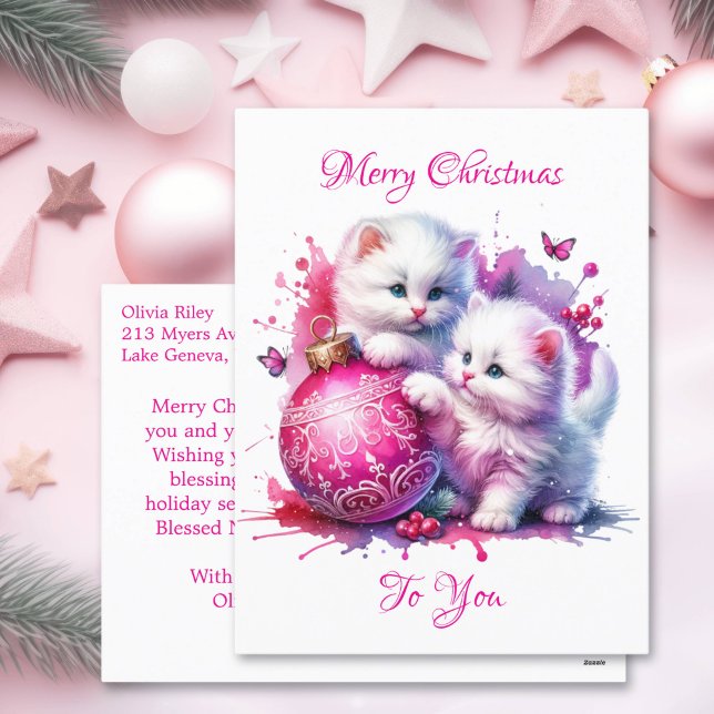 Postal Festiva Navidades de gatitos blancos dulces personalizados (Subido por el creador)