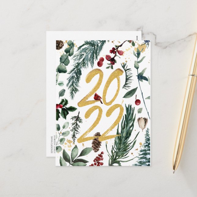 Postal Festiva navidades de Gold Pine Bough Magnolia 2022 (Anverso/Reverso In Situ)