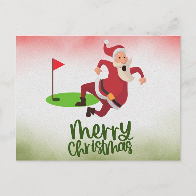 Postal Festiva Navidades de golf con bandera de golf y Santa Clau (Anverso)