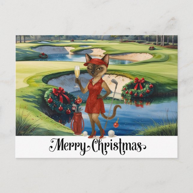 Postal Festiva Navidades de golf con temática de Gato Golfer Siam (Anverso)