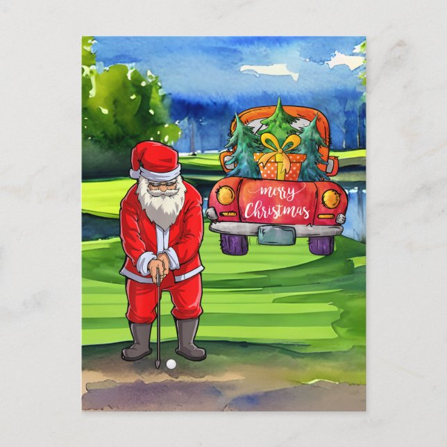 Postal Festiva Navidades de golf de Santa Claus en Bunker (Anverso)