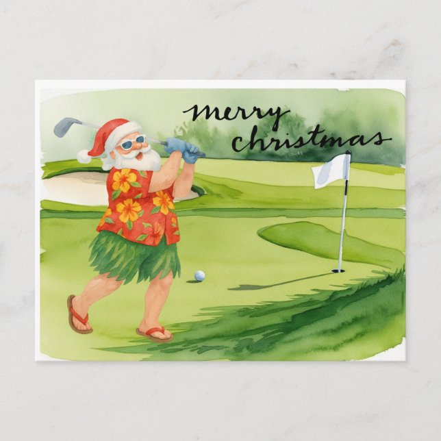Postal Festiva Navidades de golf de Santa Claus Tema (Anverso)