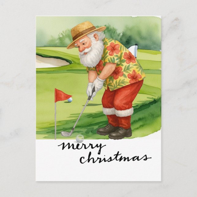 Postal Festiva Navidades de golf de Santa Claus Tema (Anverso)