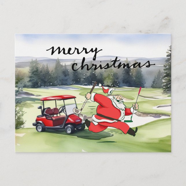 Postal Festiva Navidades de golf de Santa Claus Tema (Anverso)