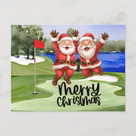 Postal Festiva Navidades de golf Santa Claus con bandera en verde
