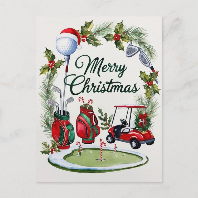 Postal Festiva Navidades de golf temáticos para acuarela de Golfe (Anverso)