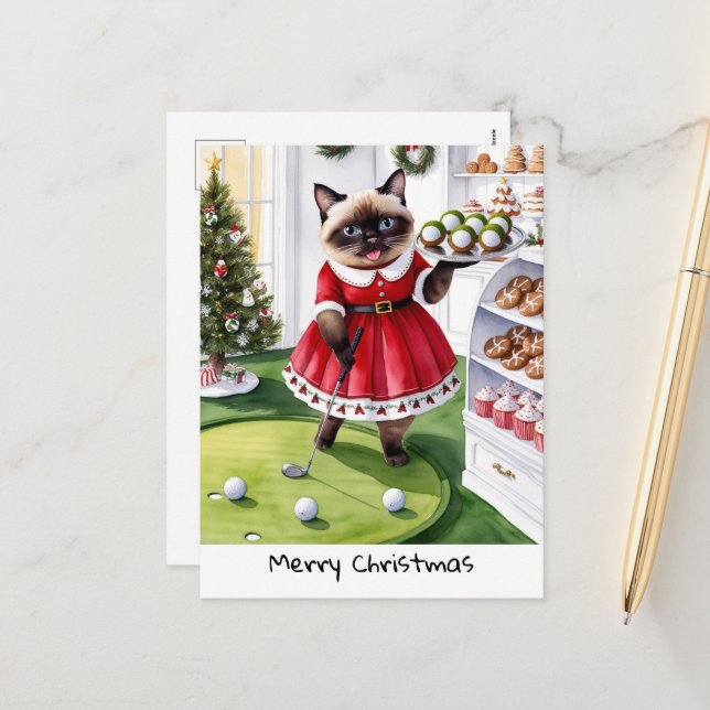 Postal Festiva Navidades de golf temáticos para Cat Lover Golfer (Anverso/Reverso In Situ)