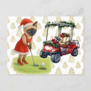 Postal Festiva Navidades de golf temáticos para una mujer gata Go