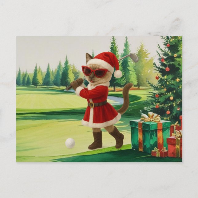 Postal Festiva Navidades de golf temáticos para una mujer gata Go (Anverso)