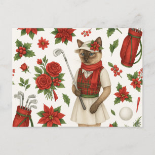 Postal Festiva Navidades de golf temáticos para una mujer gata Go