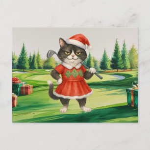 Postal Festiva Navidades de golf temáticos para una mujer gata Go