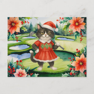 Postal Festiva Navidades de golf temáticos para una mujer gata Go