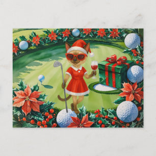 Postal Festiva Navidades de golf temáticos para una mujer gata Go