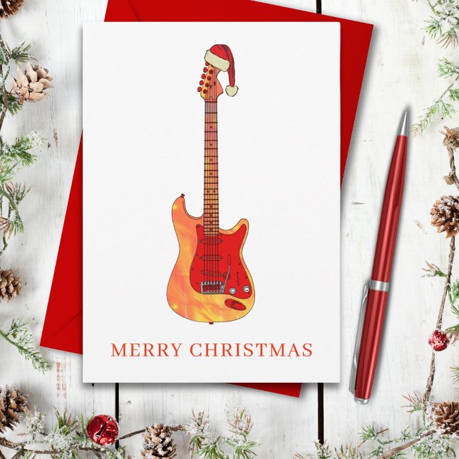 Postal Festiva Navidades de Guay despiden guitarra (Stylish simple guitar wearing a Santa hat merry Christmas holidays budget postcard)