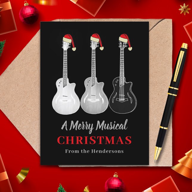 Postal Festiva Navidades de guitarra de Guay con música merry per (Christmas guitars black and white guitar wearing santa hat merry musical custom holiday card)