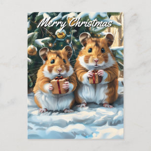 Postal Festiva Navidades De Hamsters Con Regalos