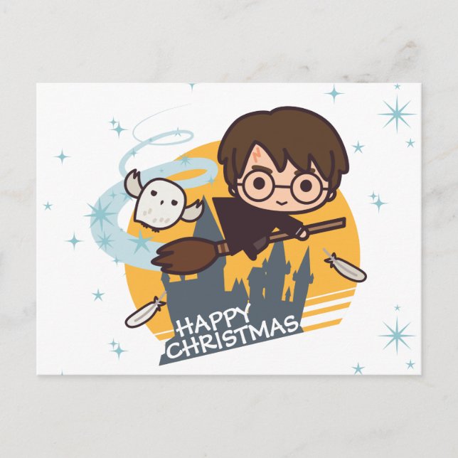 Postal Festiva Navidades de Harry y Hedwig Flying Past Hogwarts (Anverso)