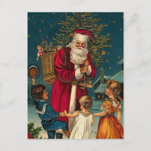 Postal Festiva Navidades de Ilustracion de época Santa y Niños