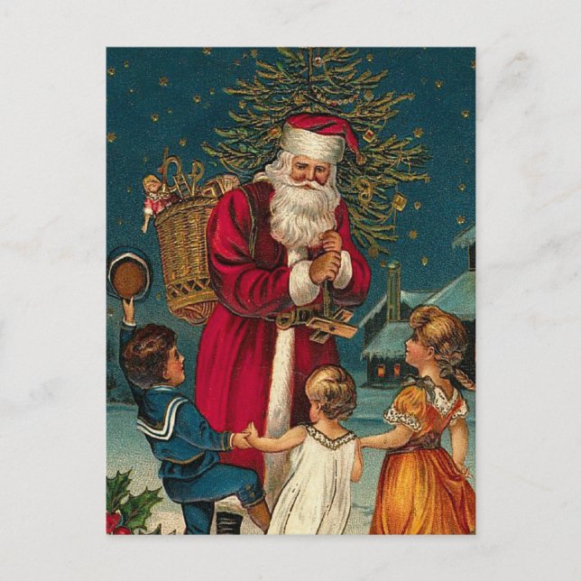 Postal Festiva Navidades de Ilustracion de época Santa y Niños (Anverso)