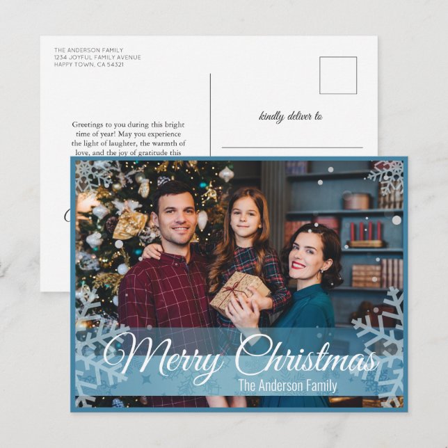 Postal Festiva Navidades de invierno copos de nieve foto de marco (Anverso / Reverso)