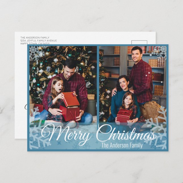 Postal Festiva Navidades de invierno copos de nieve marco azul 2  (Anverso / Reverso)