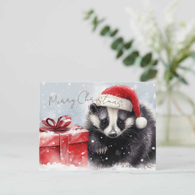 Postal Festiva Navidades de invierno de Cute Badger (Anverso de pie)