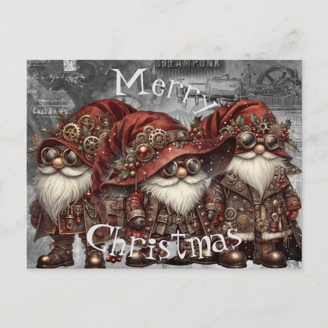 Postal Festiva Navidades de invierno de Gnome Steampunk (Anverso)