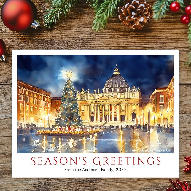 Postal Festiva Navidades de la Basílica de San Pedro en el Vatica (Watercolor St. Peter's Basilica Vatican City Travel Christmas Holiday Postcard)