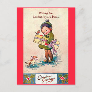 Postal Festiva Navidades de la época de 1920, Chica, perro y pája