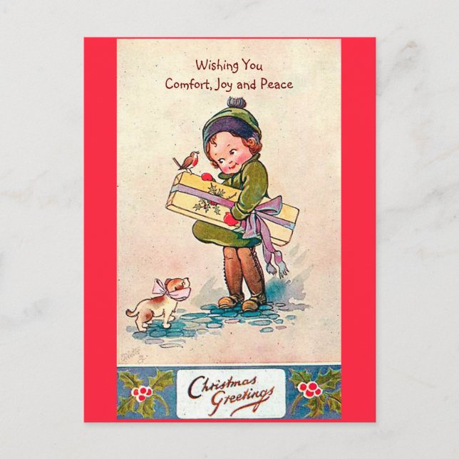 Postal Festiva Navidades de la época de 1920, Chica, perro y pája (Anverso)