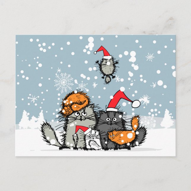 Postal Festiva Navidades de la familia del gato, nieve, personali (Anverso)