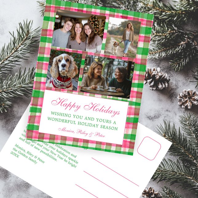 Postal Festiva Navidades de la moda Preppy Plaid Personalizado 4  (Chic Preppy Plaid Christmas Custom 4 Photo Collage Holiday Postcard
)