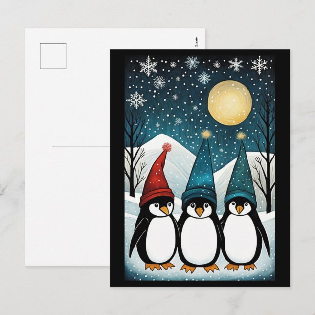 Postal Festiva Navidades de la Montaña Nevada Santa Penguin (Anverso / Reverso)