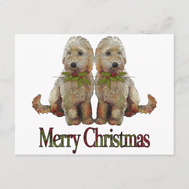 Postal Festiva Navidades de la pareja Golden Doodle: Arte (Anverso)