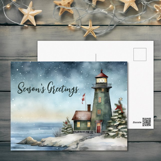 Postal Festiva Navidades de la temporada de Wintery Lighthouse (Wintery Lighthouse Season's Greetings Christmas Holiday Postcard)