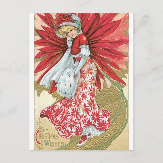 Postal Festiva Navidades de la vieja moda Poinsettia Lady (Anverso)