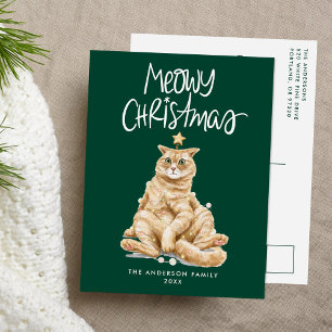 Postal Festiva Navidades de Meowy, gato cutáneo de color de agua,