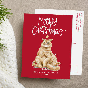 Postal Festiva Navidades de Meowy, gato cutáneo de color de agua,