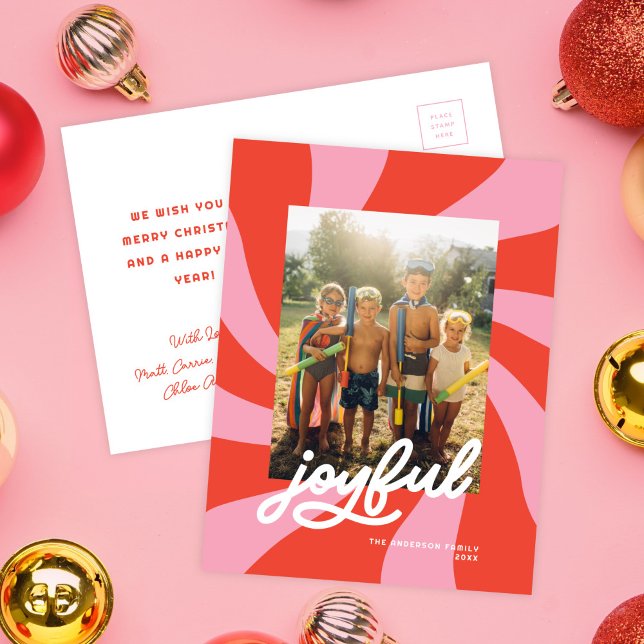 Postal Festiva Navidades de Mod Wavy Retro Groovy Rojo Rosado (Subido por el creador)