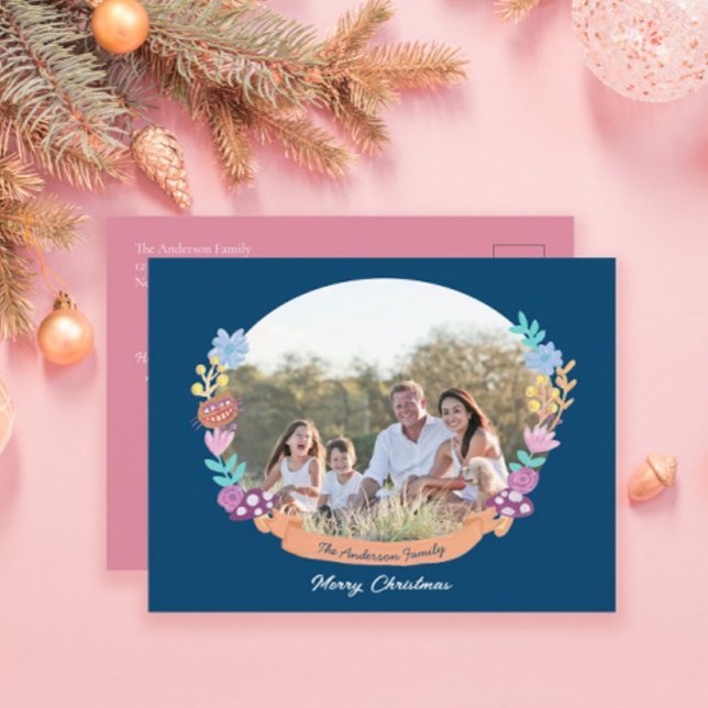 Postal Festiva Navidades de moda Floral Wreath Dark Blue Photo (Subido por el creador)