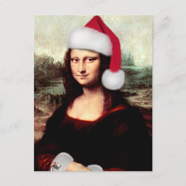 Postal Festiva Navidades de Mona Lisa Santa Hat (Anverso)