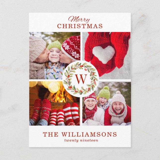 Postal Festiva Navidades de Monograma Rojo Berry Wreath | 4.ª Fot (Anverso)