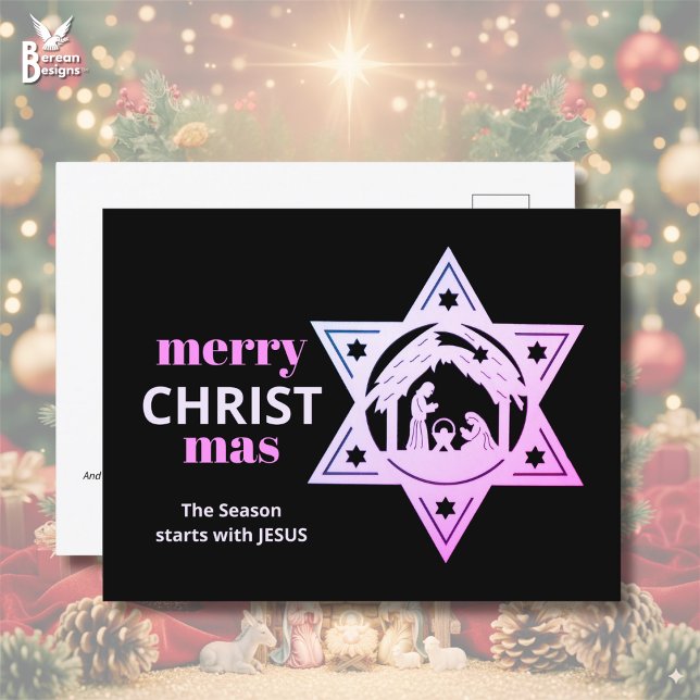 Postal Festiva Navidades de Natividad Cristiana Moderna (Stylish black/pink Christian Christmas Nativity postcard w/ customizable text for coworkers/friends)