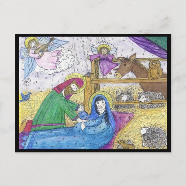 Postal Festiva Navidades de Natividad Mary Josheph Manger Angel (Anverso)